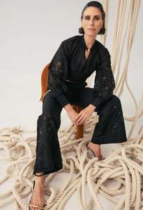 Once Was: OnceWas Rhea Linen Viscose Embroided Pant - Black