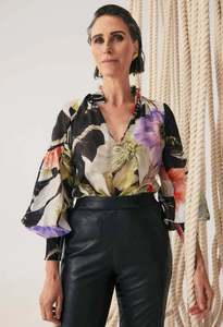 OnceWas Colette Cotton Silk Shirred Blouse - Tangled Blossom
