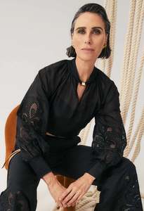 OnceWas Simona Cotton Silk Embroided Blouse - Black