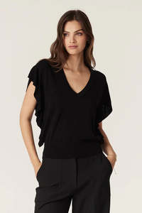 Cable Melbourne Silk Tencel Frill Top - Black