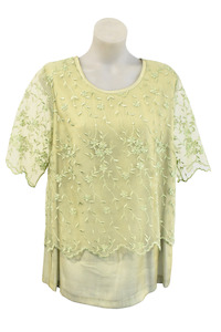Tops: Cashews NZ made sage green mesh floral top, 12