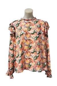Tops: Vibrant floral silver polka dot blouse, M/L