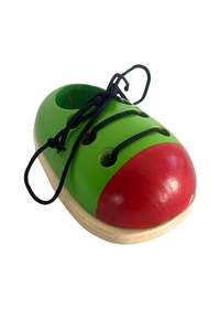 "Learn to tie your laces" wooden shoe
