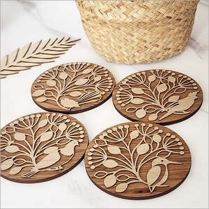 Nz Souvenirs: NZ Made Coaster Set Bamboo and Rimu: Pohutukawa & Birds