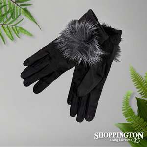 Gloves - Suede with large Pompom - Black