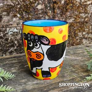 NZ Made Hand Painted - Cow Red Dot Yellow Blokes Mug