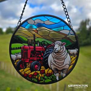 Garden Art: Stained Glass Hanger - Tractor & Sheep