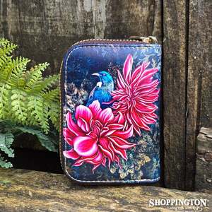 Handbags Wallets: Leather NZ Print Card Wallet - Tui In Dahlia's - Anita Madhav