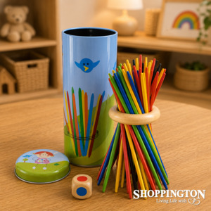Games Puzzles: Wooden Pick Up Sticks in Tin