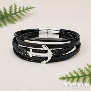 Fashion Accessories: Bracelet - Black Hammer Stainless Steel & Leather