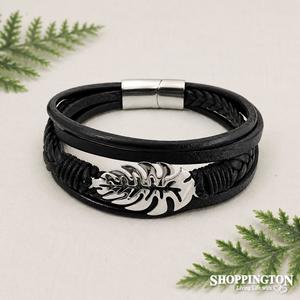 Fashion Accessories: Bracelet - Leaf Stainless Steel & Leather