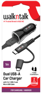 USB C Car Charger - Dual USB ports + 2-in-1 cable (USB C and Micro USB)