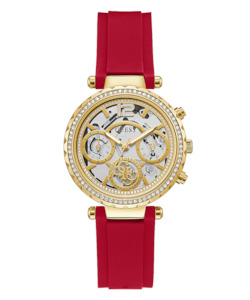 Womens Watches: Guess Gold Tone Case Red Rubber Strap Women's Watch GW0484L1