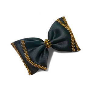 Adelia Bow Clip | Luxury Black Satin Hair Bow with Gold Crystal Beads