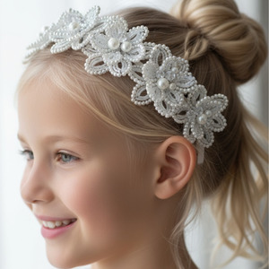 Kids Designer White Hair Accessories: Girls' Ivory Flower Crown – Handcrafted Pearl & Crystal Headband for Special Occasions
