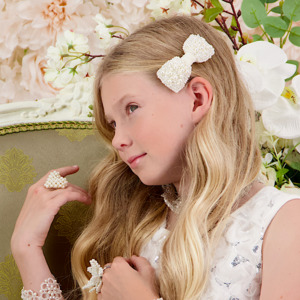 Kids Designer White Hair Accessories: The Adelpha Designer Kids Pearl Bow Hair Clip