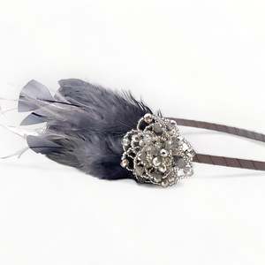 Luxury Feather Hair Accessories: Luxury Nirvana Grey Feather & Silver Crystal Headband