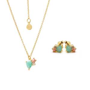 Rose Quartz: Bloom Necklace + Stud Earrings Set / Amazonite, Rose Quartz, Pink Opal / Gold