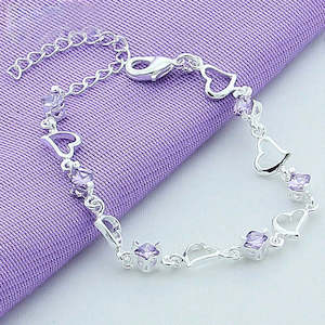 925 Sterling Silver Heart Purple Zircon Bracelet