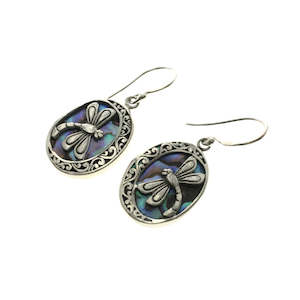 .925 Sterling Silver Oval Paua Dragonfly Earrings