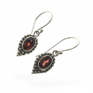 Genuine Sterling Silver and Oval Garnet Dangle Earrings