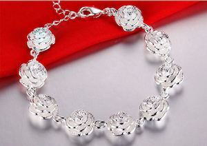 Stock Less Than 1: .925 Sterling Silver Full Rose Flower Chain Bracelet