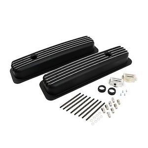VALVE COVERS CHEV SB LATE CENTRE BOLT FINNED ALLOY BLACK