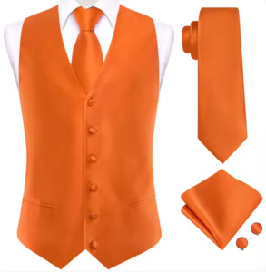 Mens Vests Waistcoats: Orange Solid Waistcoat Silk Style Men's Single Vest - MJ3516