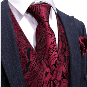 Mens Vests Waistcoats: Men's Red Black Paisley Silk Vest Necktie Pocket square Cufflinks-MJ-2680