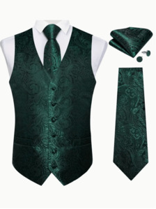 Mens Silk Tie Handkerchief Cufflinks Set: Dark Green Waistcoat Vest Necktie Handkerchief Cufflinks Set-MD-043+ N-8358