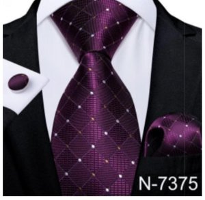 Mens Silk Tie Handkerchief Cufflinks Set: Purple Square Checked Square Men's Silk Tie handkerchief Cufflinks set