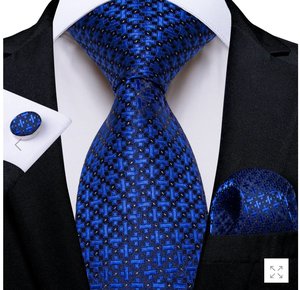 Mens Silk Tie Handkerchief Cufflinks Set: Blue Plaid Men's Tie Pocket Square Cufflinks Set- N-5461