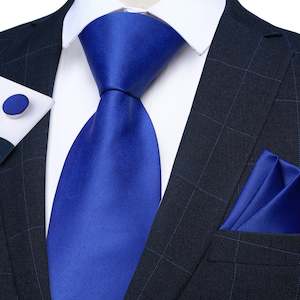 Mens Silk Tie Handkerchief Cufflinks Set: Blue Solid Tie Pocket Square Cufflinks Set- N-7820