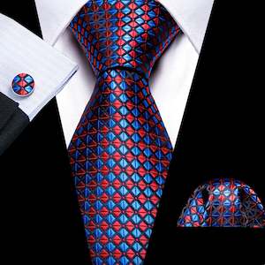Mens Silk Tie Handkerchief Cufflinks Set: Red  Blue Plaid Silk Tie Handkerchief Cufflinks Set- N-6122