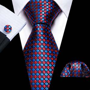 Red  Blue Plaid Silk Tie Handkerchief Cufflinks Set- N-6122