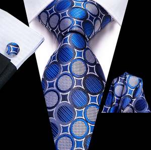 New Royal Blue White Circle Tie Pocket Square Cufflinks Set- N-3451