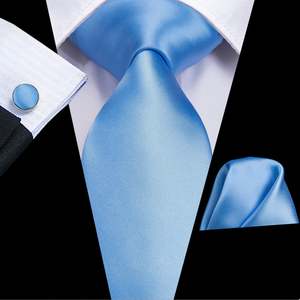 Mens Silk Tie Handkerchief Cufflinks Set: Pale Blue Solid Silk Tie Handkerchief Cufflinks Set- N-3141