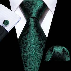 Mens Silk Tie Handkerchief Cufflinks Set: Green Lattice Men's Tie Handkerchief Cufflinks Set- N-5847