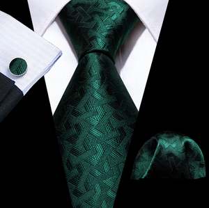 Mens Silk Tie Handkerchief Cufflinks Set: Green Lattice Men's Tie Handkerchief Cufflinks Set- N-5847