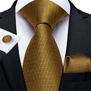Mens Silk Tie Handkerchief Cufflinks Set: New Solid Golden Tie Pocket Square Cufflinks Set - N-7341
