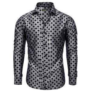 Mens Shirts: Simon Von Grey Black Plaid Men's Button Up Dress Shirt-CY-9012