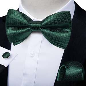 Best Selling Collection: Dark Green Solid Pre-tied Bow Tie Hanky Cufflinks Set- LH-0160