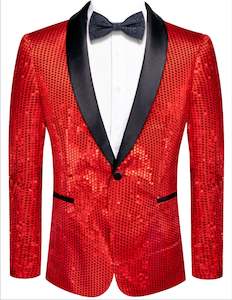 Blazers: Sequin Red Solid Jacket with Black Shawl Collar  - XX-1083