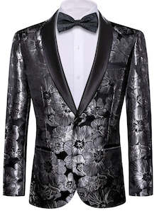 Blazers: Men's Dress Party Black Floral Suit Jacket Slim One Button Stylish Blazer-XX-0040