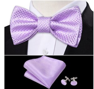 Bow Tie Set: Purple Plaid Silk Self Tie Bow Tie Hanky Cufflinks Set-LH-0990