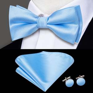 Bow Tie Set: Light Blue Striped Pre-tied Bow Tie Hanky Cufflinks Set-LH-2514