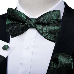 Bow Tie Set: BLACK GREEN FLORAL SILK BOWTIE POCKET SQUARE CUFFLINKS SET-LH-7086