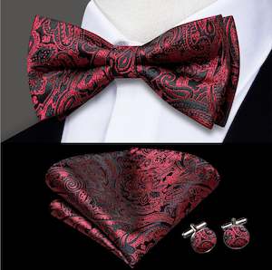Bow Tie Set: Red Black Paisley Silk Bow Tie Hanky Cufflinks Set-LH-0574