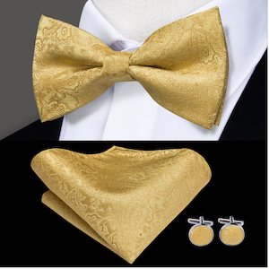 Bow Tie Set: Gold Paisley Pre-tied Bow Tie Hanky Cufflinks Pin Set- LH-0512