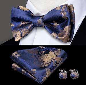 Bow Tie Set: Blue Gold Paisley Self  Bowtie Pocket Square Cufflinks Set- LH-2114